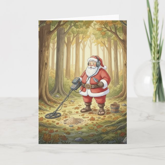 Personalized Santa doing Metal Detecting in forest Holiday Card (Front)