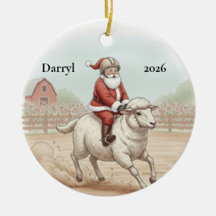 Personalized  Santa Doing Mutton Busting Ceramic Ornament