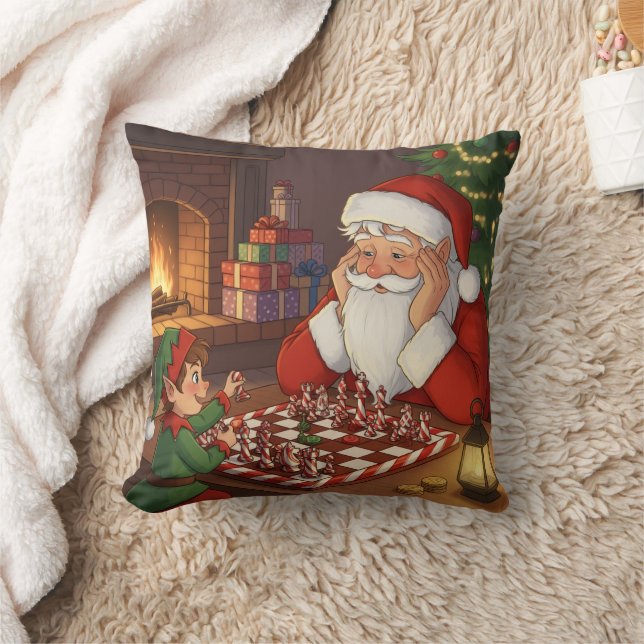 Personalized Santa & Elf Chess Game Christmas Throw Pillow (Blanket)