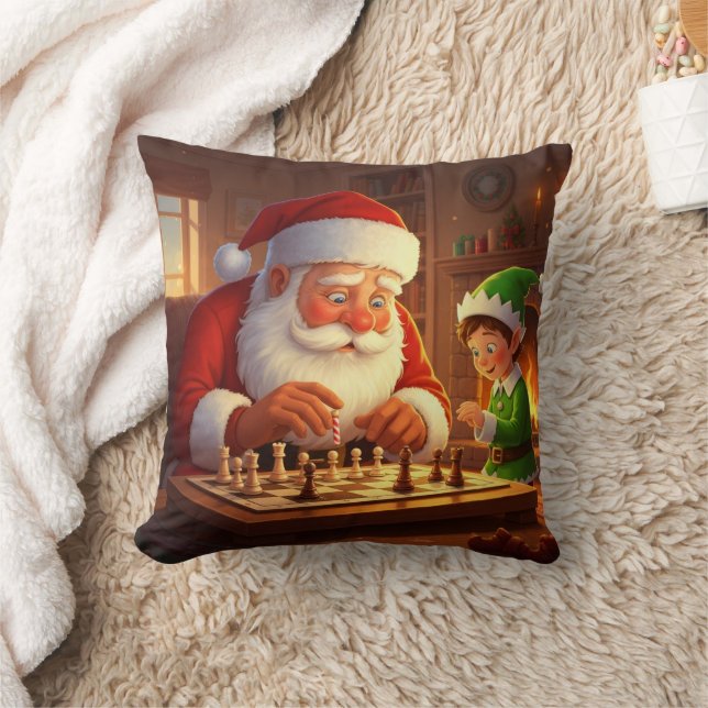 Personalized Santa & Elf Chess Game Christmas Throw Pillow (Blanket)