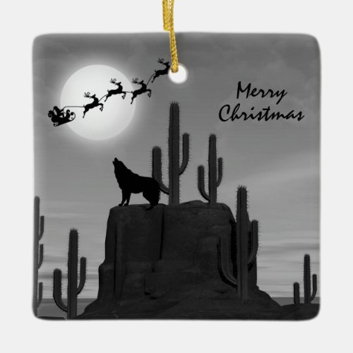 Personalized Santa Full Moon Wolf Desert Southwest Ceramic Ornament