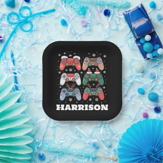 Personalized Santa Gaming Controller Gamer Xmas Paper Plates (Party)