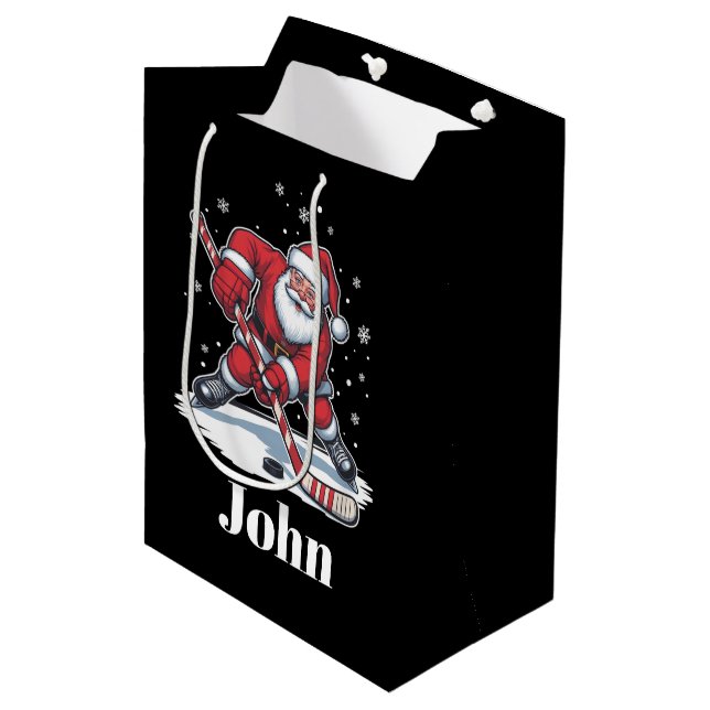 Personalized Santa Ice Hockey Christmas Sport  Medium Gift Bag (Front Angled)