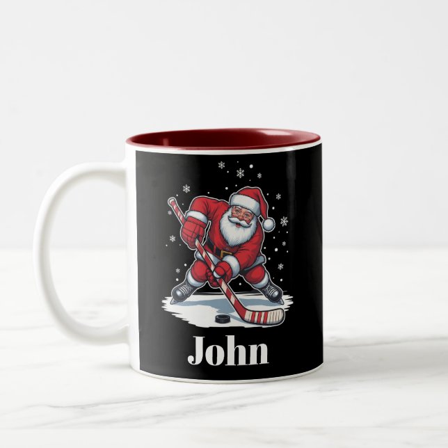 Personalized Santa Ice Hockey Christmas Sport  Two-Tone Coffee Mug (Left)