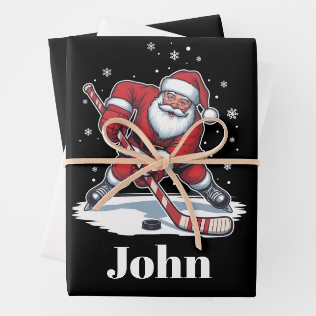 Personalized Santa Ice Hockey Christmas Sport  Wrapping Paper Sheets (In situ)