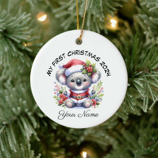 Personalized Santa Koala Bear First Christmas Ceramic Ornament (Tree)