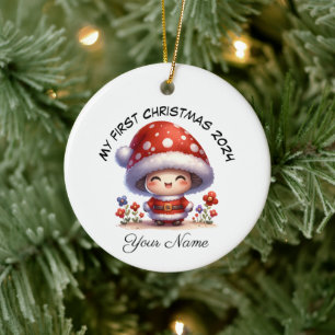 Personalized Santa Mushroom First Christmas Ceramic Ornament