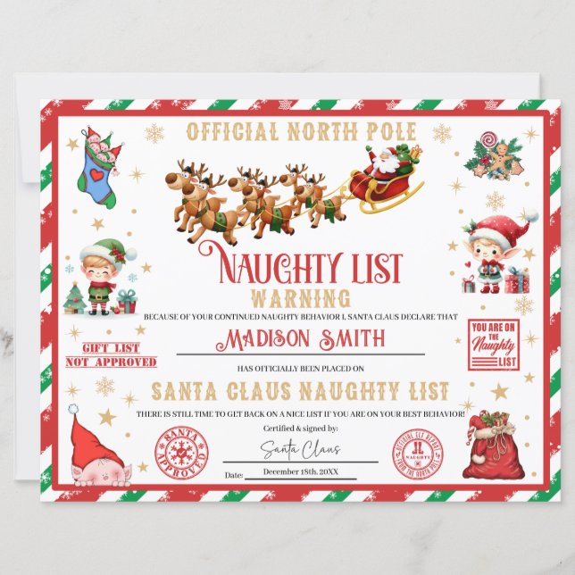 Personalized Santa Naughty List Warning Certificat (Front)