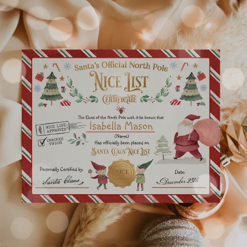 Personalized Santa Official Nice List Certificate
