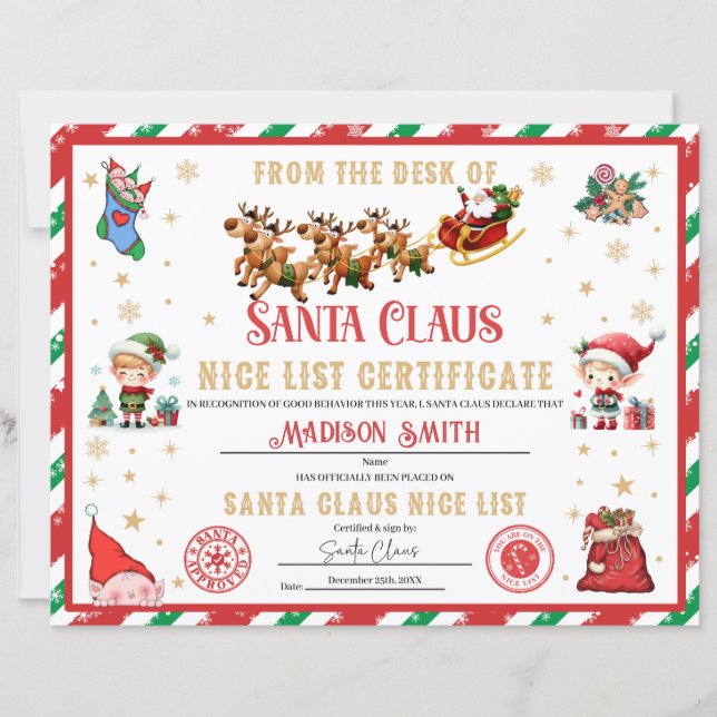 Personalized Santa Official Nice List Certificate (Front)
