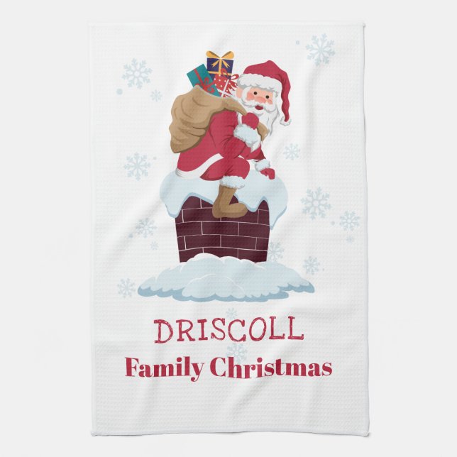 Personalized Santa on Roof Christmas Chimney Kitchen Towel (Vertical)