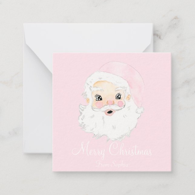 Personalized Santa Pink Hat Preppy Watercolor Note Card (Front)