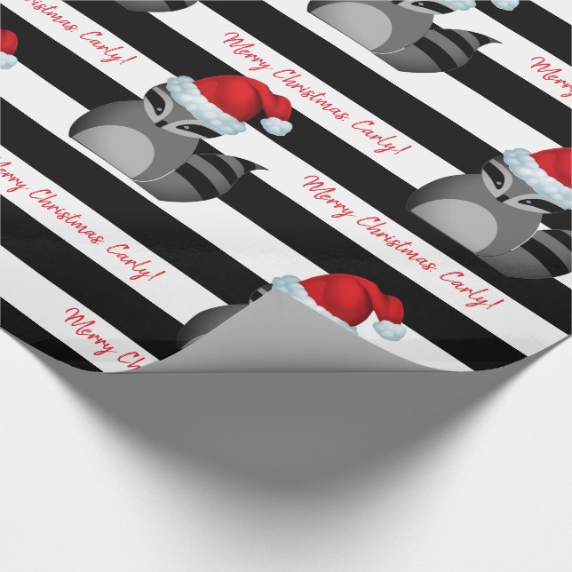 Personalized Santa Raccoon Striped Wrapping Paper (Corner)