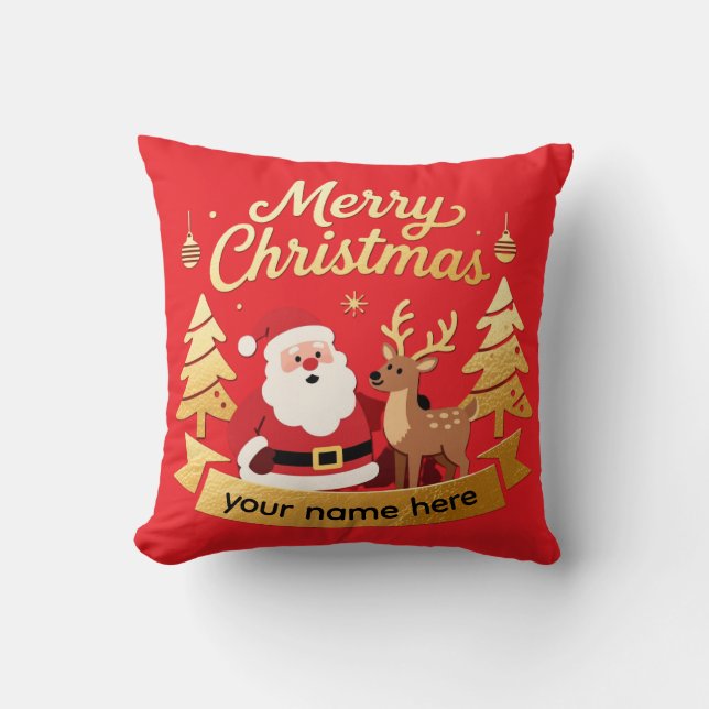 Personalized Santa Reindeer Christmas Pillow (Front)