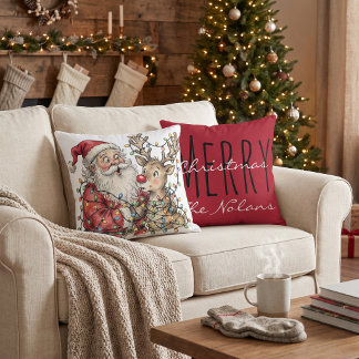 Personalized Santa reindeer Christmas  Throw Pillow