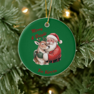 Personalized Santa & Reindeer Hug Christmas Ceramic Ornament
