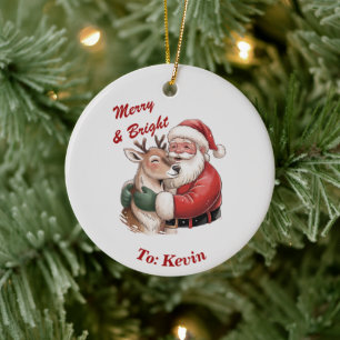 Personalized Santa & Reindeer Hug Christmas  Ceramic Ornament