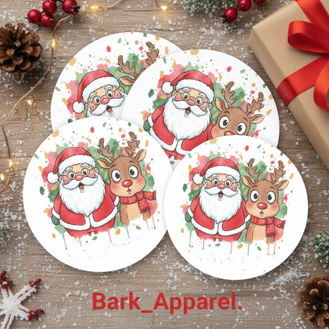 Personalized Santa & Reindeer Watercolor Christmas Classic Round Sticker (Creator Uploaded)