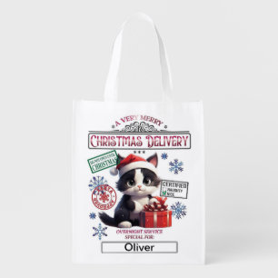Personalized Santa Sack - Christmas B&W Kitten Grocery Bag