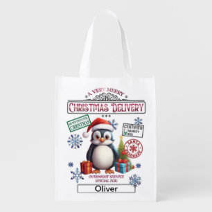 Personalized Santa Sack - Christmas Penguin Grocery Bag