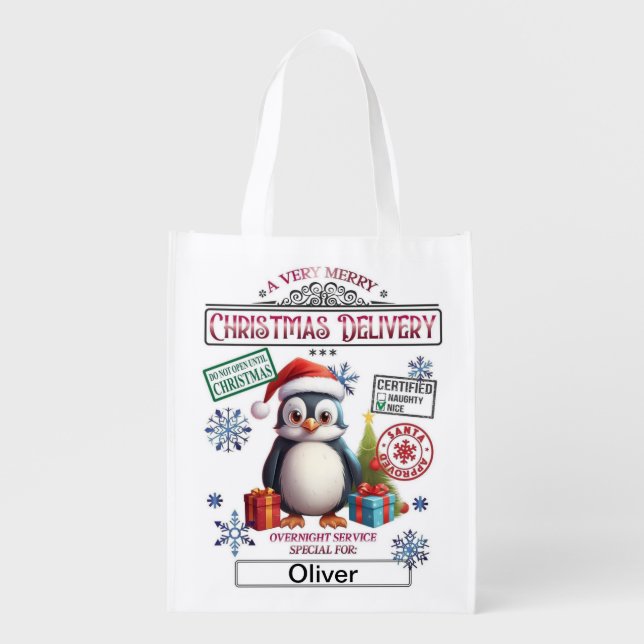 Personalized Santa Sack - Christmas Penguin Grocery Bag (Front)
