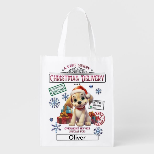 Personalized Santa Sack - Christmas Puppy Grocery Bag (Front)