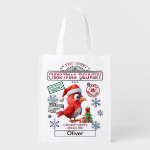 Personalized Santa Sack - Christmas Red Bird Grocery Bag
