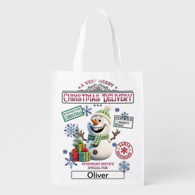 Personalized Santa Sack - Christmas Snowman Grocery Bag (Front)