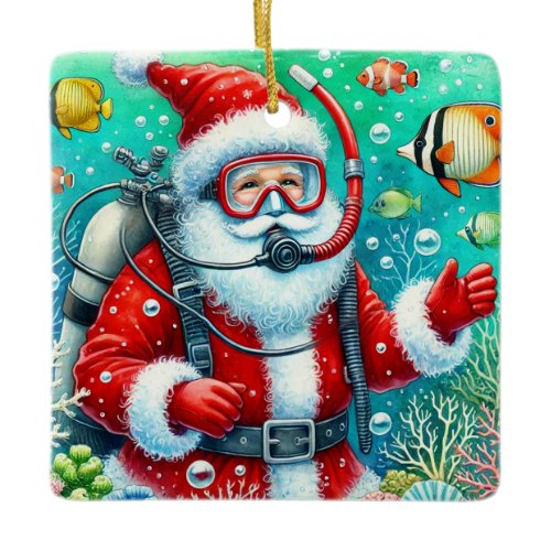 Personalized Santa Scuba Diving Christmas Ceramic Ornament
