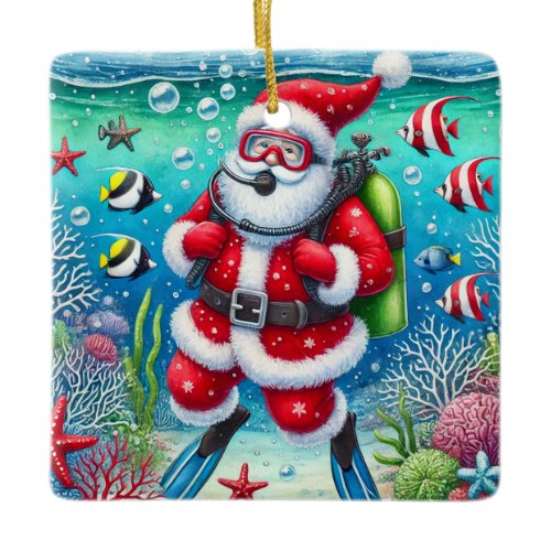Personalized Santa Scuba Diving Christmas Ceramic Ornament