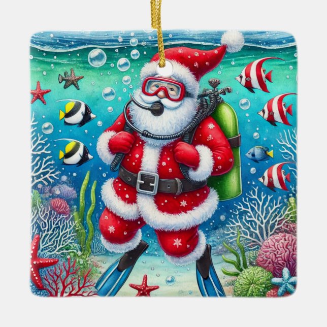 Personalized Santa Scuba Diving Christmas Ceramic Ornament (Front)