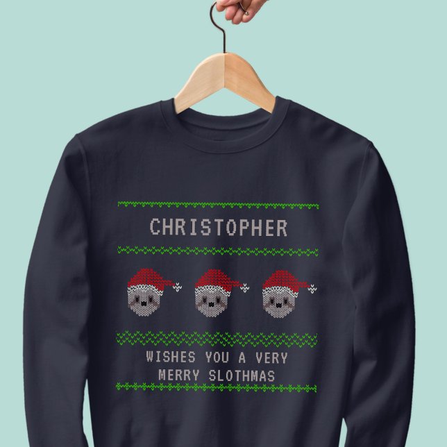 Personalized Santa Sloth Ugly Christmas Sweatshirt (Add your name to this festive sweatshirt featuring three wise Santa Sloths)