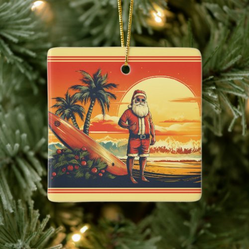 Personalized Santa Surfing Retro Beach Christmas Ceramic Ornament