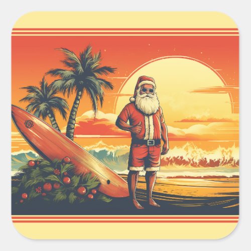 Personalized Santa Surfing Retro Beach Christmas Square Sticker