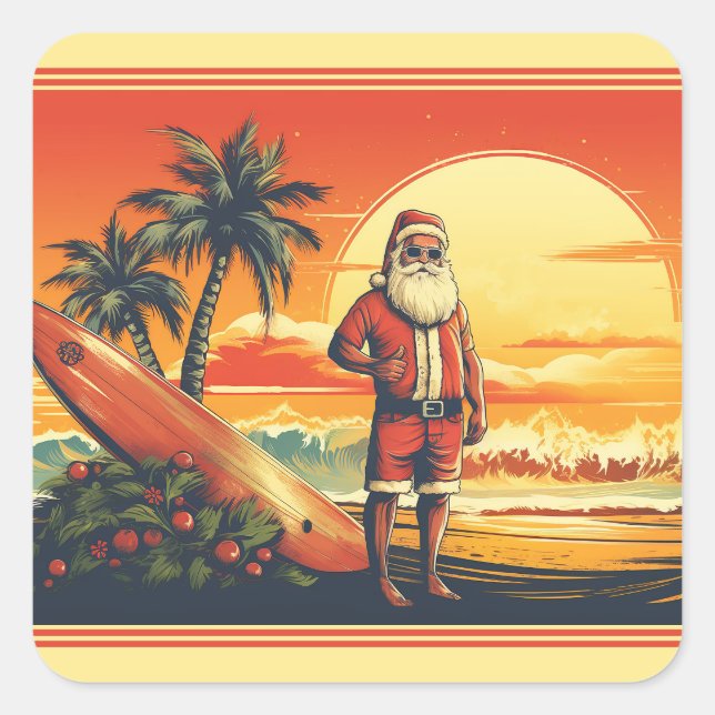 Personalized Santa Surfing Retro Beach Christmas Square Sticker (Front)