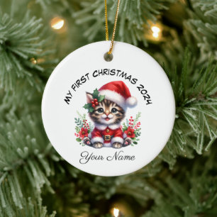 Personalized Santa Tabby Kitten First Christmas Ceramic Ornament