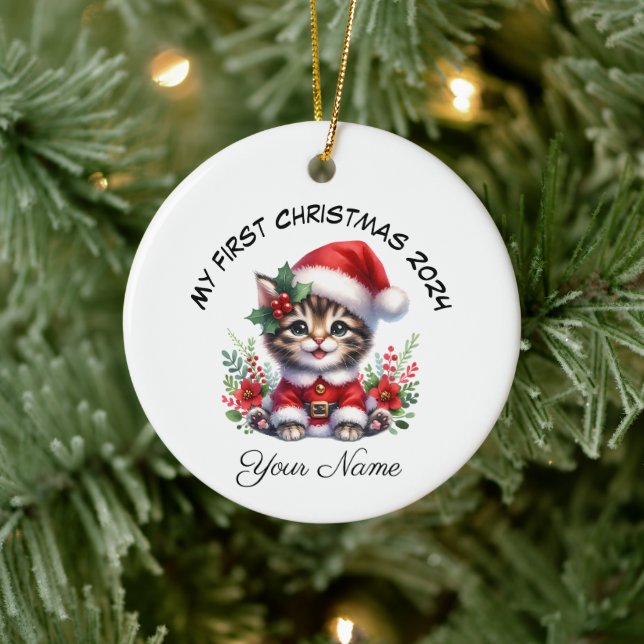 Personalized Santa Tabby Kitten First Christmas Ceramic Ornament (Tree)