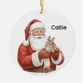 Personalized Santa with a cottontail rabbit Ceramic Ornament
