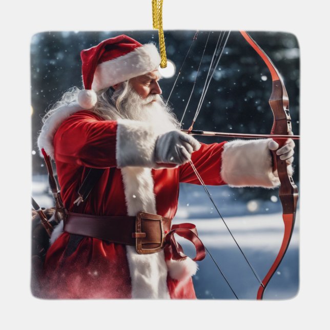 Personalized Santa's Doing Archery Ceramic Ornament (Front)