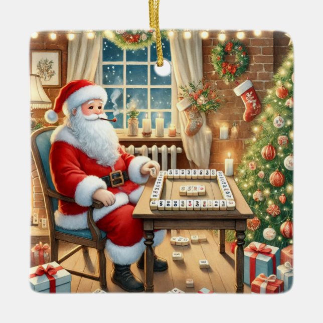 Personalized Santa's Favorite Mahjong Player  Ceramic Ornament (Front)