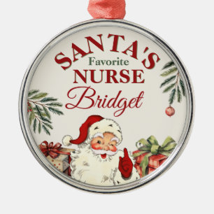 Personalized Santa's Favorite Nurse Christmas Metal Ornament