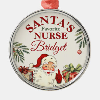 Personalized Santa's Favorite Nurse Christmas Metal Ornament