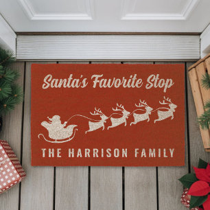 Personalized Santa's Favorite Stop Red Christmas Fiber Doormat