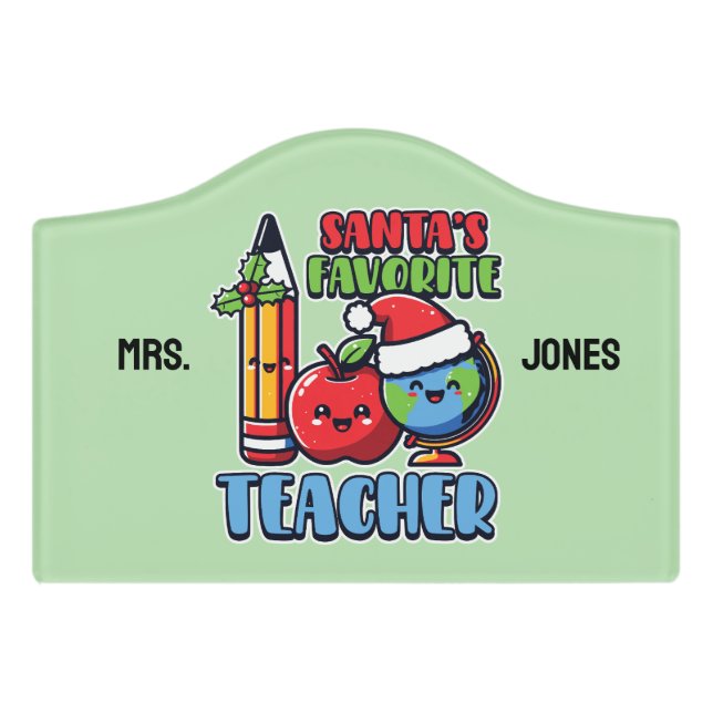 Personalized Santa's Favorite Teacher Door Sign (Small Crest Front)