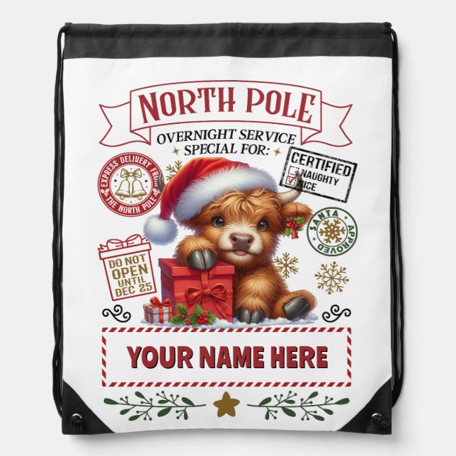 Personalized Santa's Gift Bag with Highland Cow (Front)