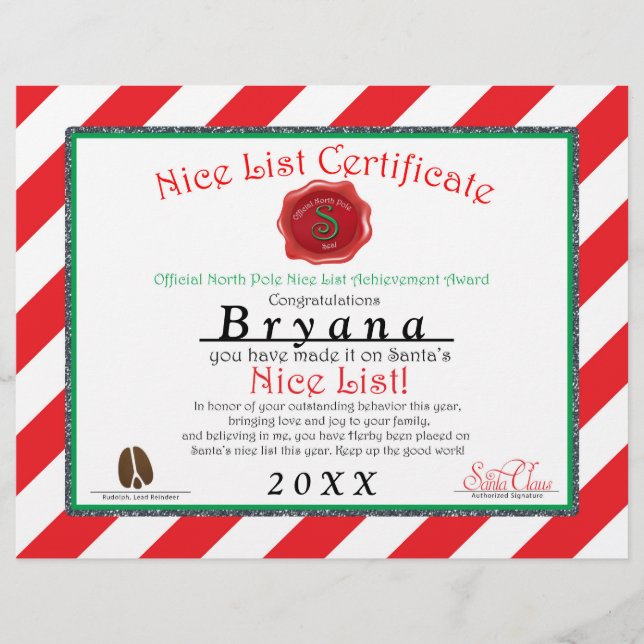 Personalized Santa's NICE LIST CERTIFICATE Flyer (Front)