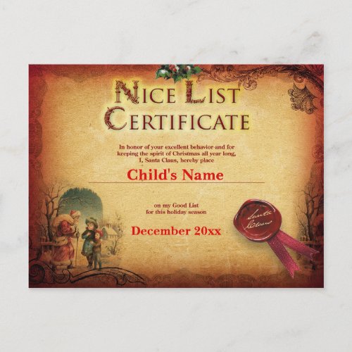 Personalized Santas Nice List Certificate Postcard