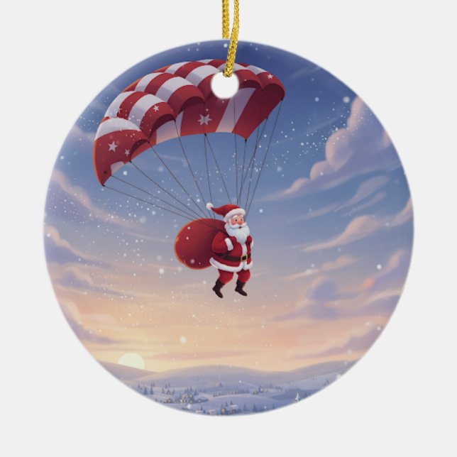 Personalized Santa's Skydiving Ceramic Ornament (Front)