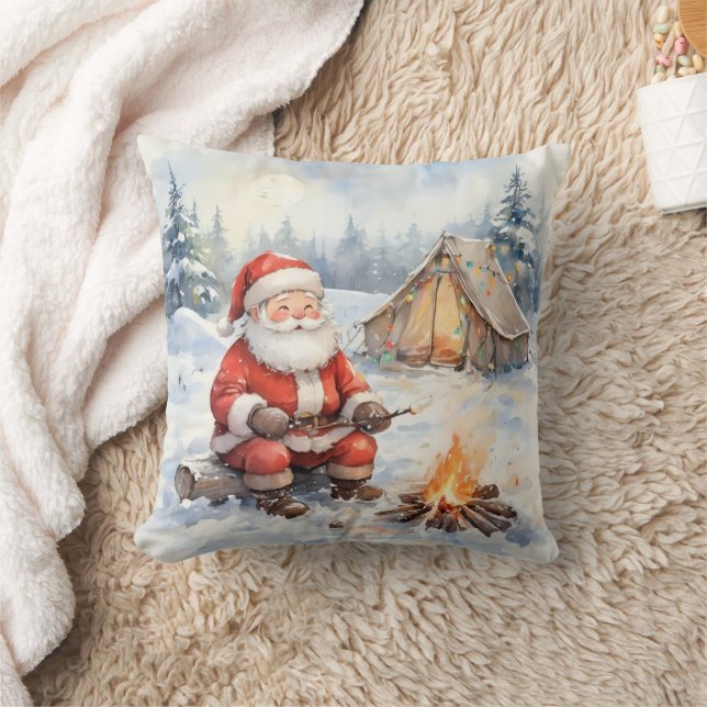 Personalized Santa's Winter Camping Christmas Throw Pillow (Blanket)