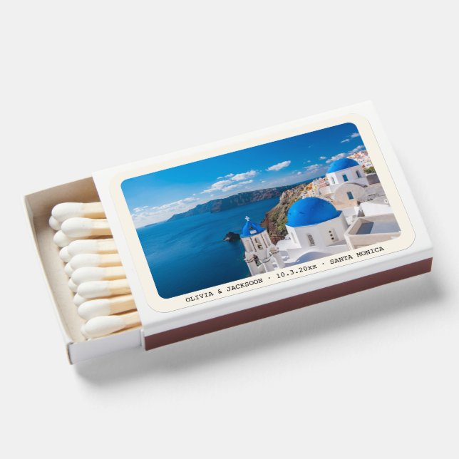 Personalized Santorini Wedding Favor Matches (Front Open)